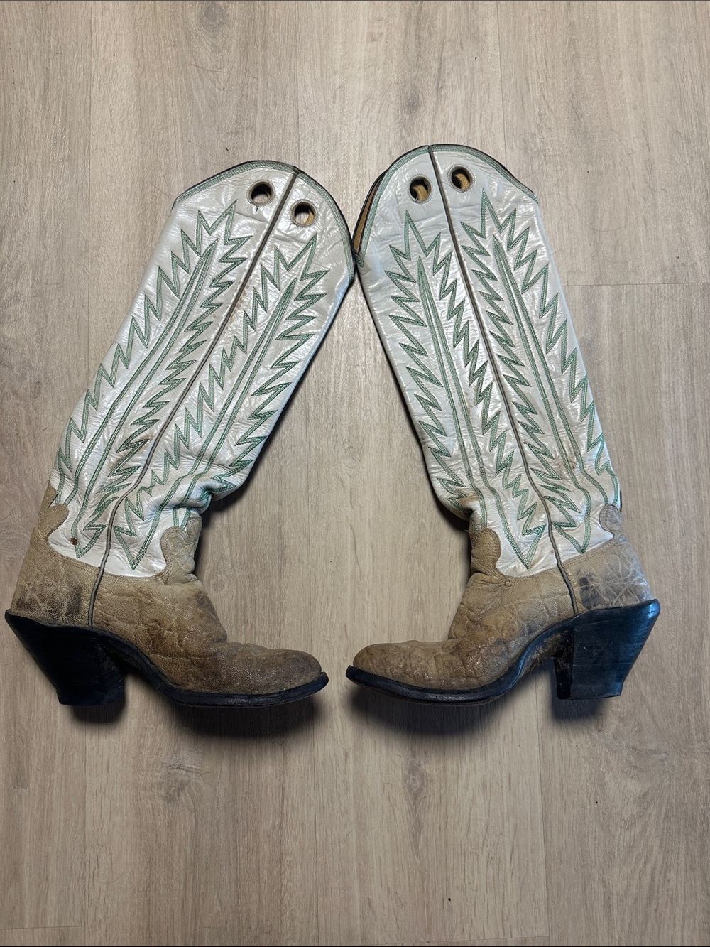 Classic White and Tan Western Cowboy Boots with Embroidered Shaft
